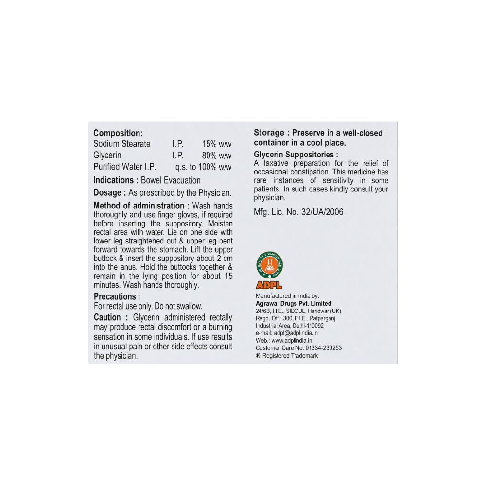 Eleesa Glycerin Suppository Child Size back white rectangular label with black text detailing the composition, dosage, precautions, and storage of Glycerin Suppositories. It features the Indian Red Cross Society logo and the Ayurvedic Drugs Pvt.
