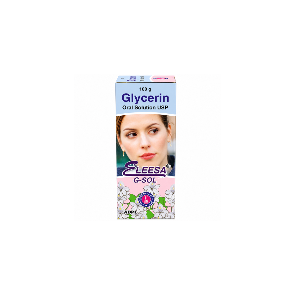 Eleesa Geesol Glycerin A box of Eleesa G-Sol Glycerin Oral Solution USP, 100g, featuring a light blue top section, a photo of a woman's face in the center, and a pink bottom section with white flowers.