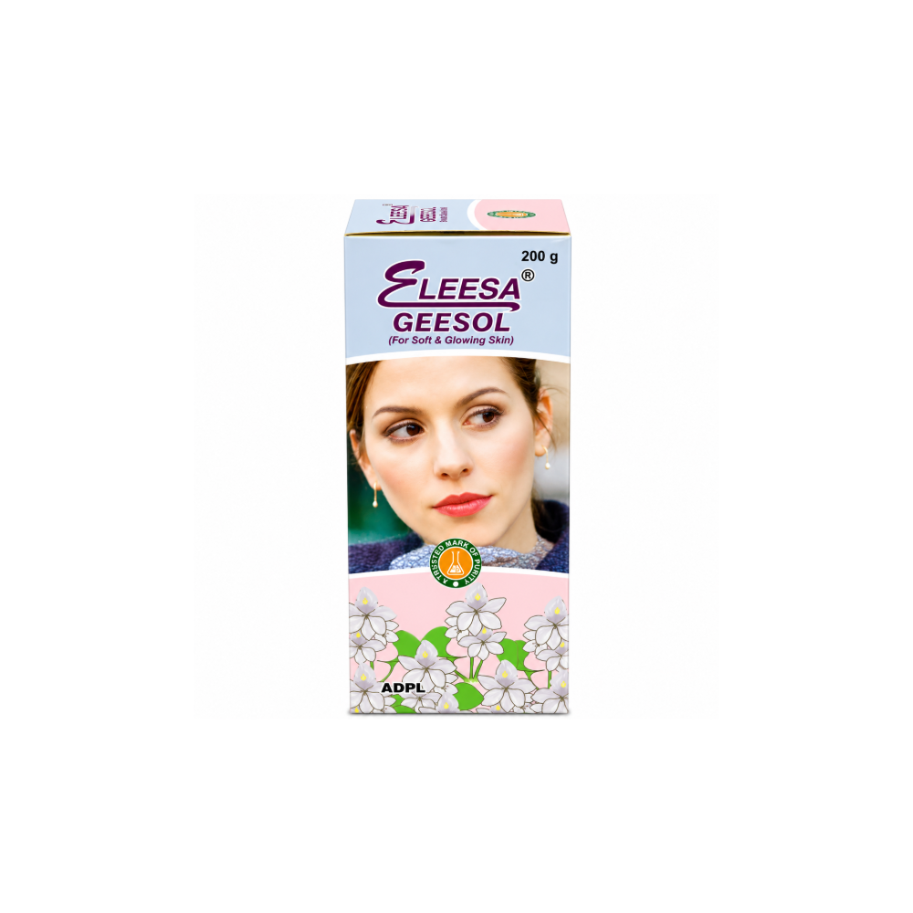 Eleesa Geesol Glycerin A 200 g box of Eleesa Geesol for Badi & Growing Skin, featuring a portrait of a woman on the front, white and pink packaging with floral illustrations at the bottom.