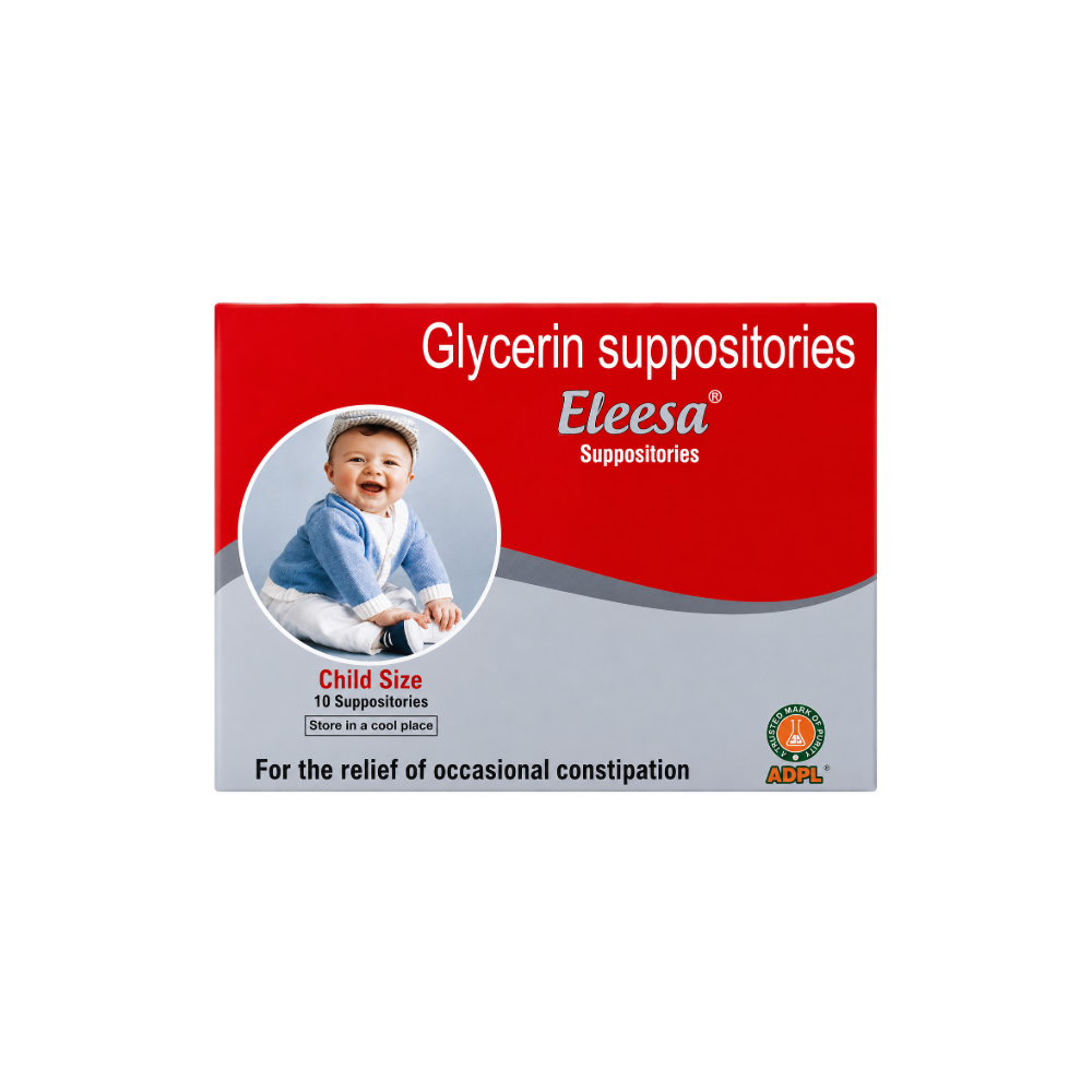Eleesa Glycerin Suppository Child Size box of Eleesa Glycerin suppositories for children, featuring a red and gray design with a photo of a smiling child on the front.