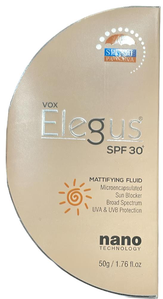 A bottle of VOX Elegus SPF 30 mattifying fluid by Troikaa Pharmaceuticals Ltd.