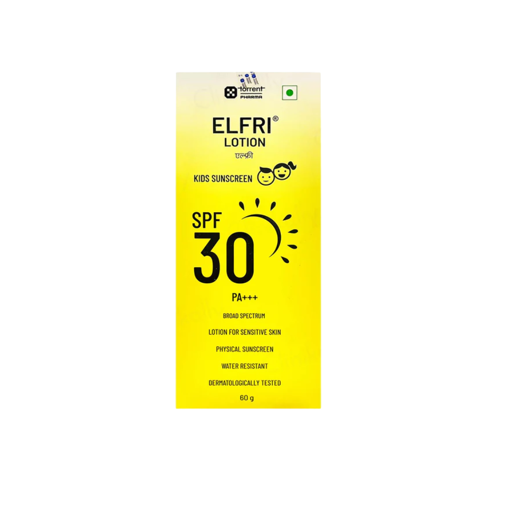 Yellow packaging of ELFRI lotion with SPF 30 on a white background