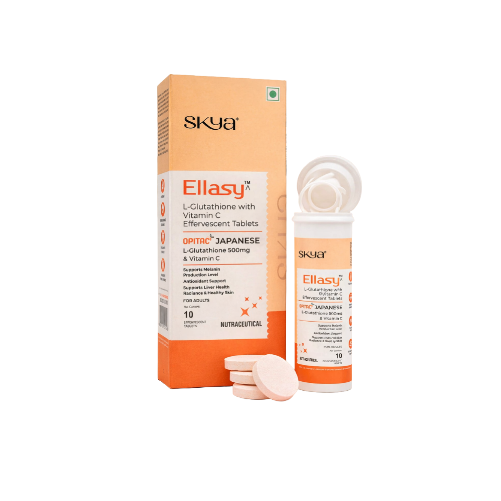 Skyn Ellasy supplement packaging with tablets on a white background