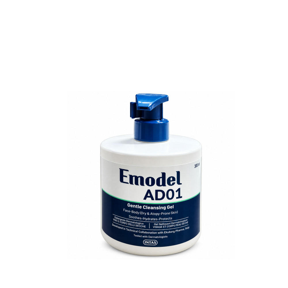 Emodel AD01 Gentle Cleansing Gel 300 ml white bottle with blue pump, labelled for dry and atopy-prone skin.