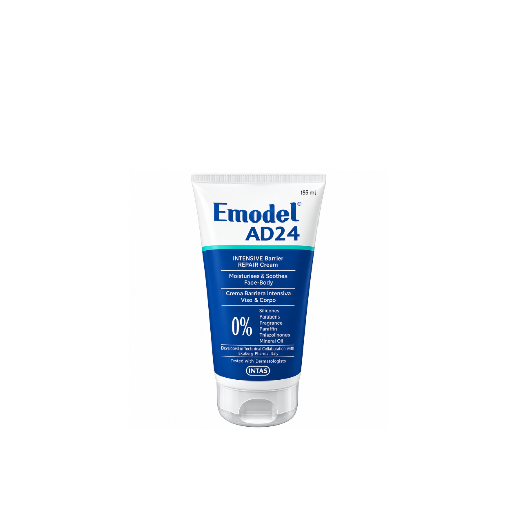 Front view of Emodel AD24 Intensive Barrier Repair Cream 155 ml tube by Intas Pharmaceuticals for face and body moisturisation.