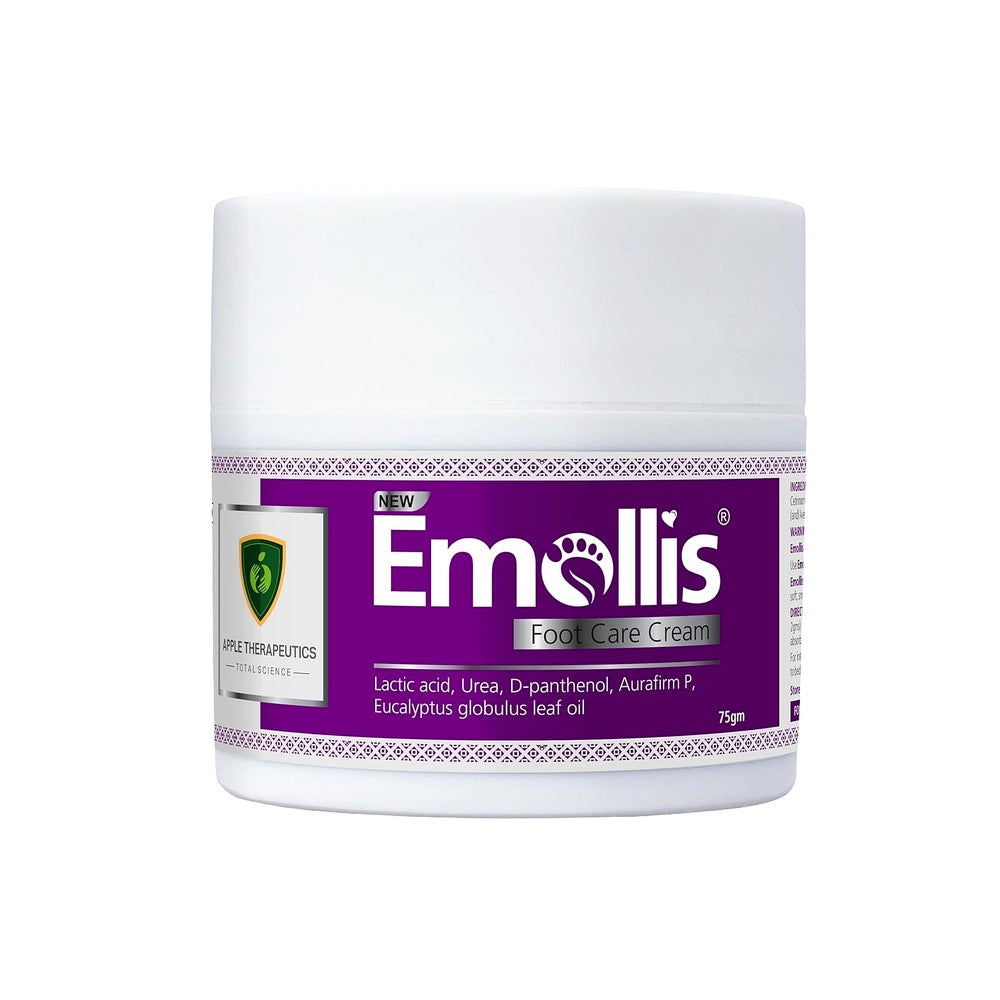 Emollis foot care cream jar with purple label on a white background