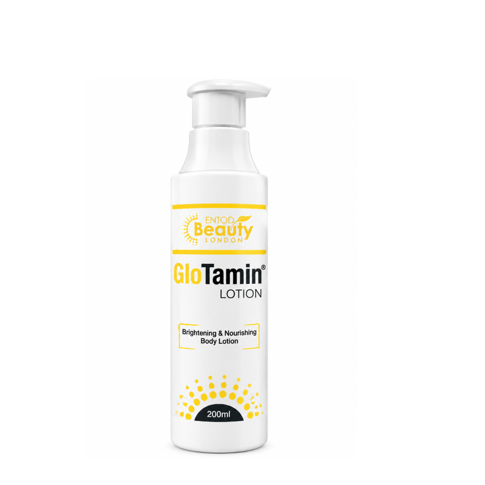 Entod Beauty GloTamin Brightening and Nourishing Body Lotion 200ml bottle with white packaging and yellow accents.