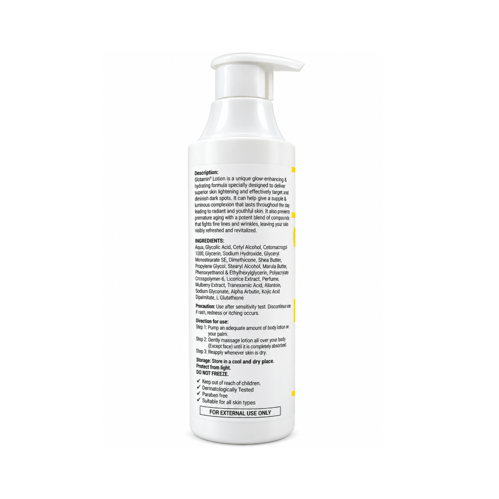 Back label of Entod Beauty GloTamin Brightening and Nourishing Body Lotion 200ml showing ingredients, directions for use, precautions, and storage instructions.