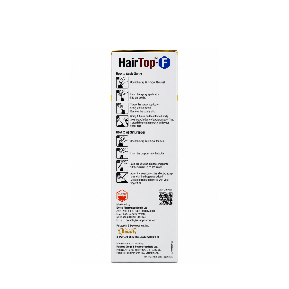 HairTop-F Minoxidil 5% and Finasteride 0.1% topical solution 60 ml packaging showing spray and dropper application instructions, marketed by Entod Pharmaceuticals and manufactured by Rekums Drugs & Pharmaceuticals Ltd.