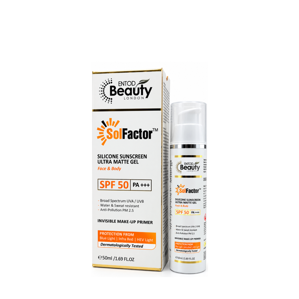 Entod Beauty SolFactor SPF 50 PA+++ silicone sunscreen ultra matte gel 50 ml box and pump bottle front view.