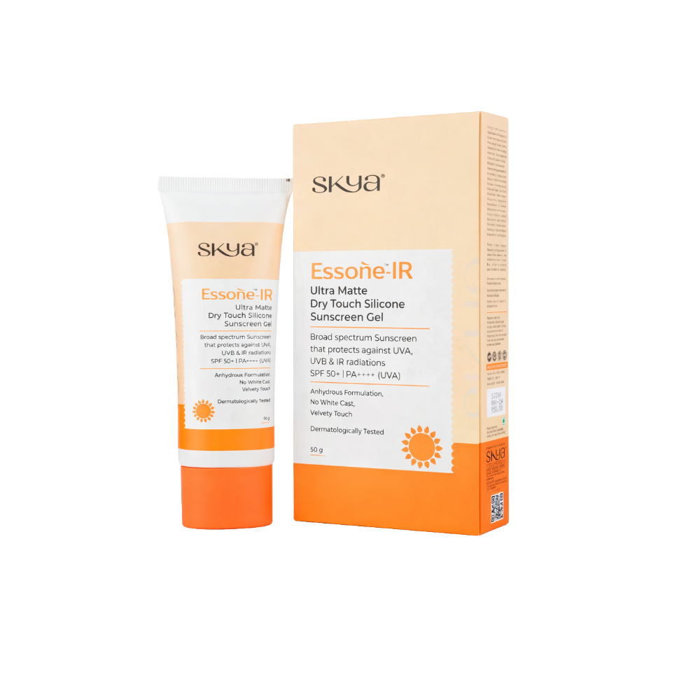 Skya Essene IR sunscreen gel with packaging on a white background