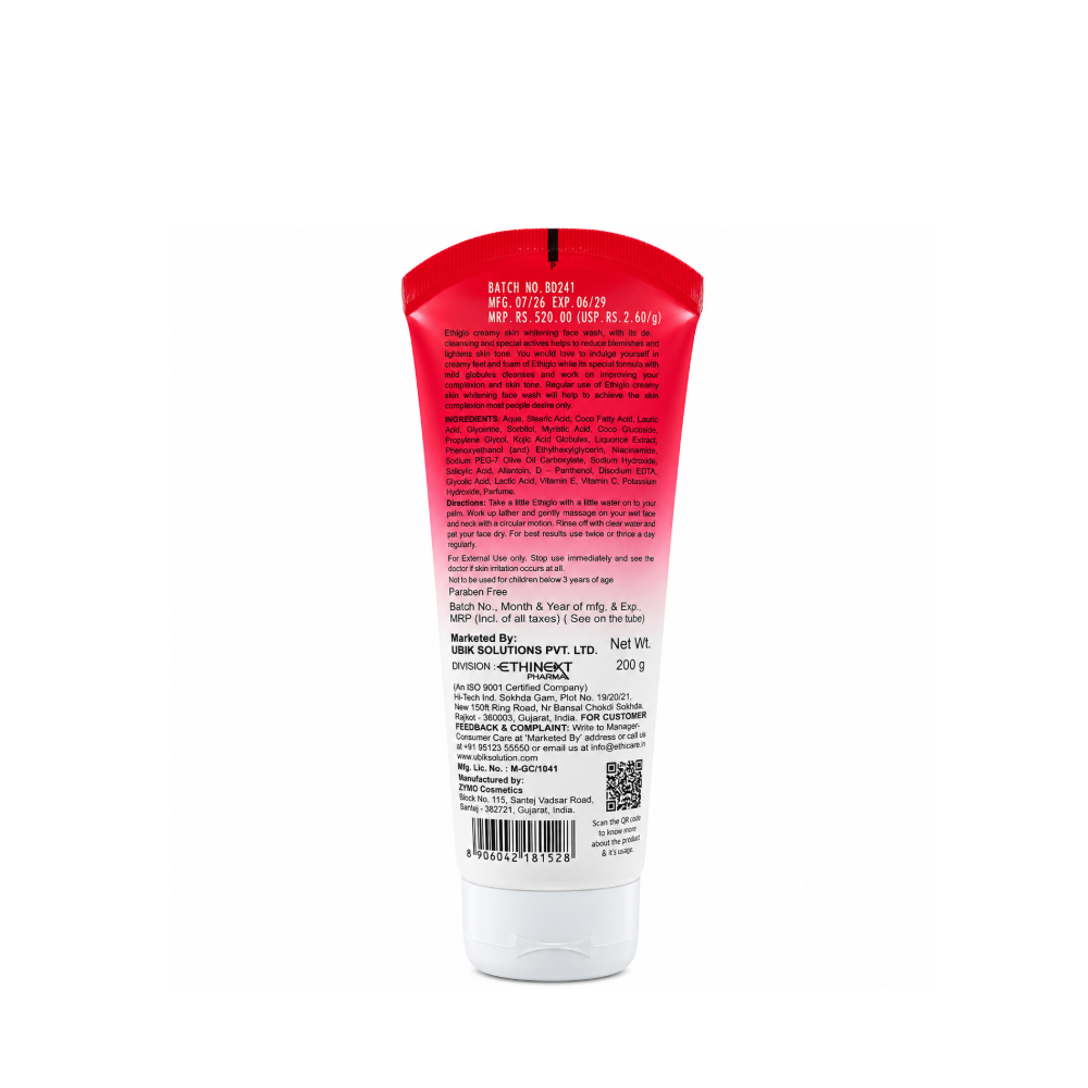 Ethiglo Face Wash 200g back view showing ingredients, directions, safety information, marketer and manufacturer details