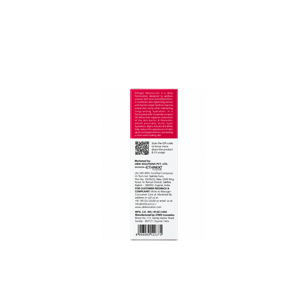 Back view of Ethiglo Moisturizer packaging showing formulation information, manufacturer and marketer details