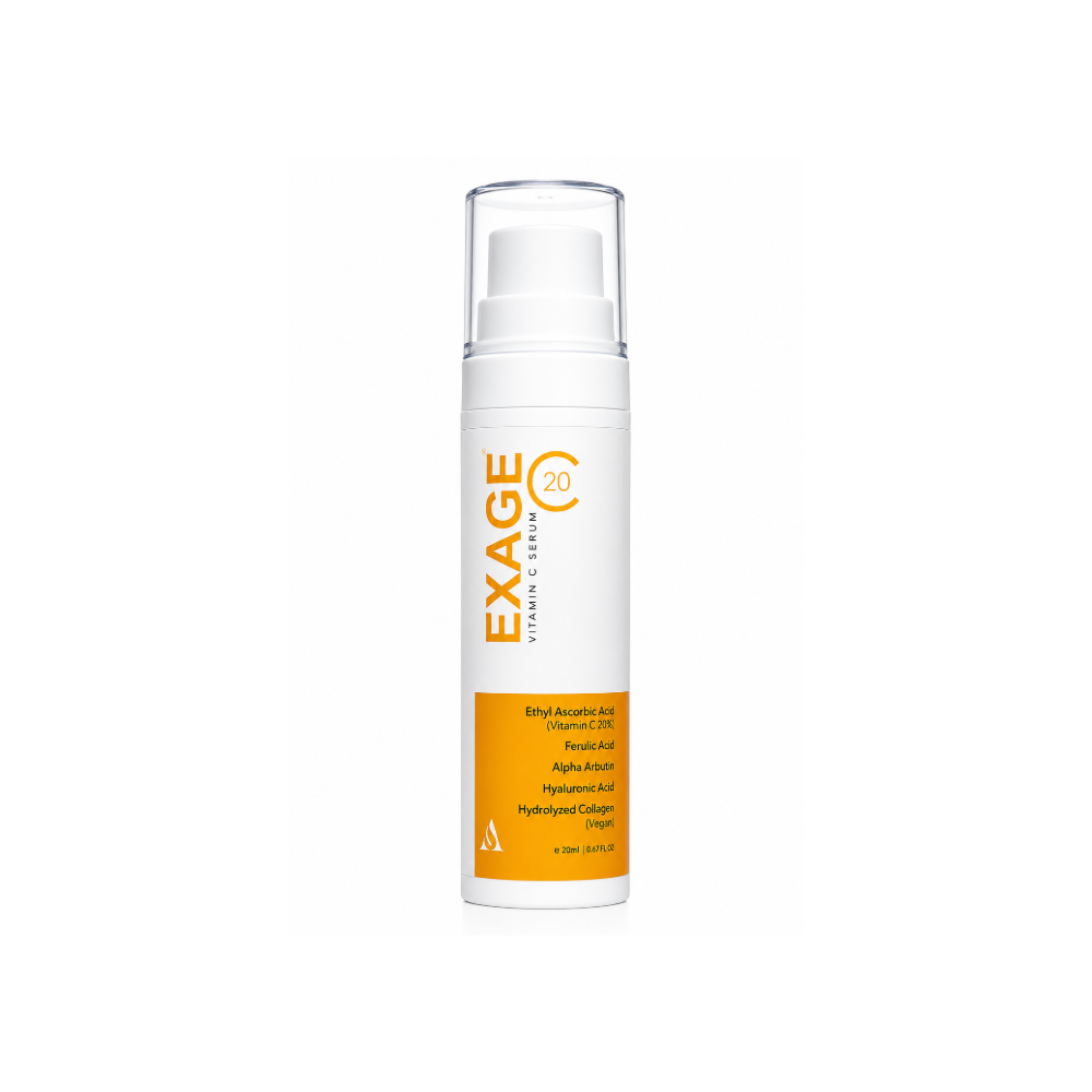 Exage Vitamin C 20% Serum helps in reducing signs of ageing, fine lines and wrinkles and maintaining even skin tone. It contains ethyl Ascorbic Acid purest form of Vitamin C 20%, Hyluronic acid for moisturising the skin, Alpha Arbutin Helps in reducing melanin synthesis, and Ferulic Acid, reducing Signs of ageing, Hydrolysed Collagen, which maintains Skin Firmness and reduces wrinkles.