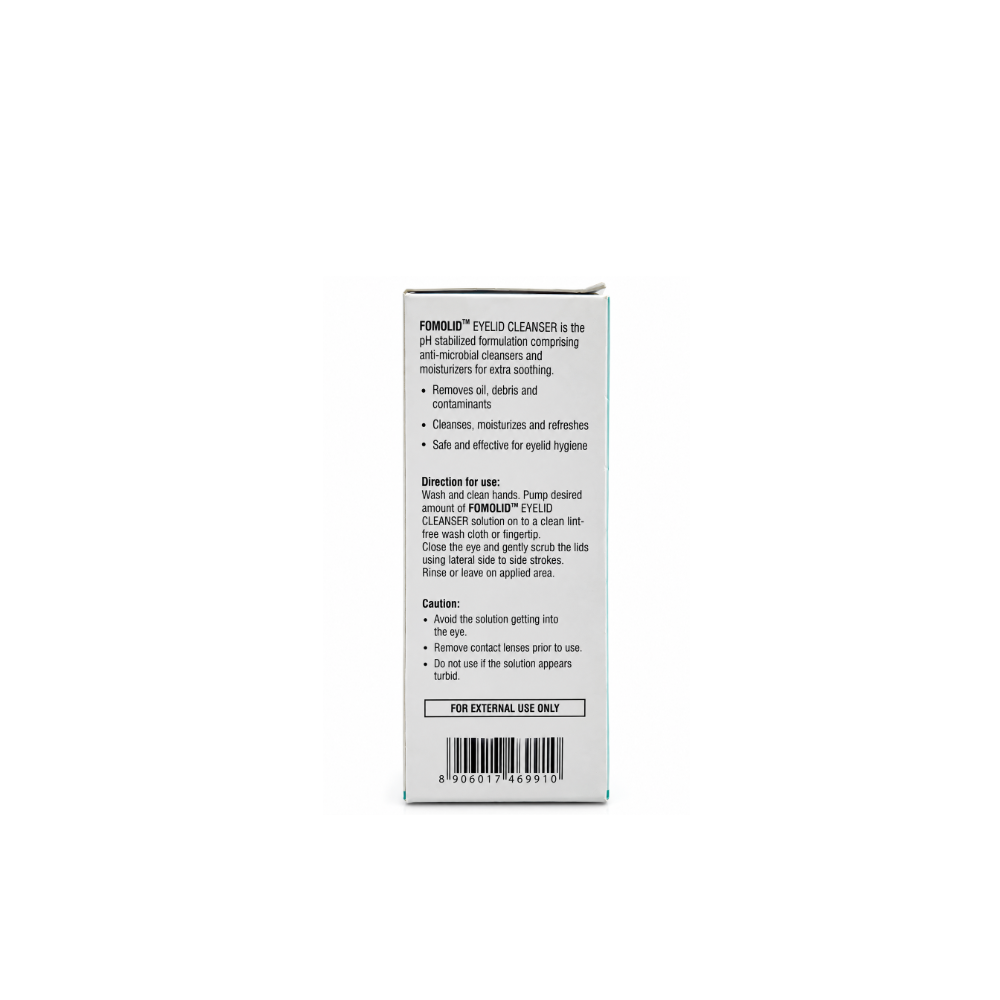 Back panel of FOMOLID Eyelid Cleanser showing directions for use and safety precautions