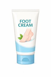 Foot cream tube with a design of feet and leaves on a white background