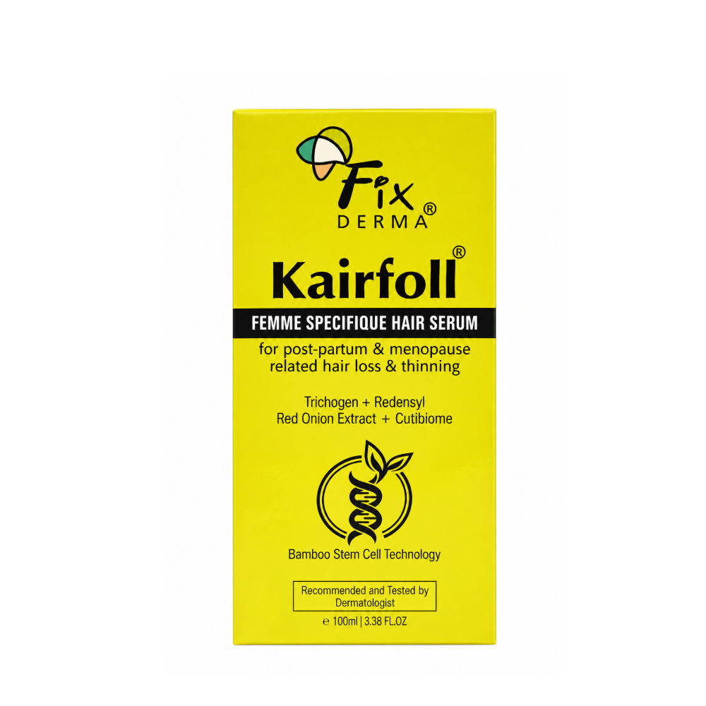 Fixderma Kairfoll Femme Specific Hair Serum 100ml yellow packaging for post-partum and menopause-related hair thinning.