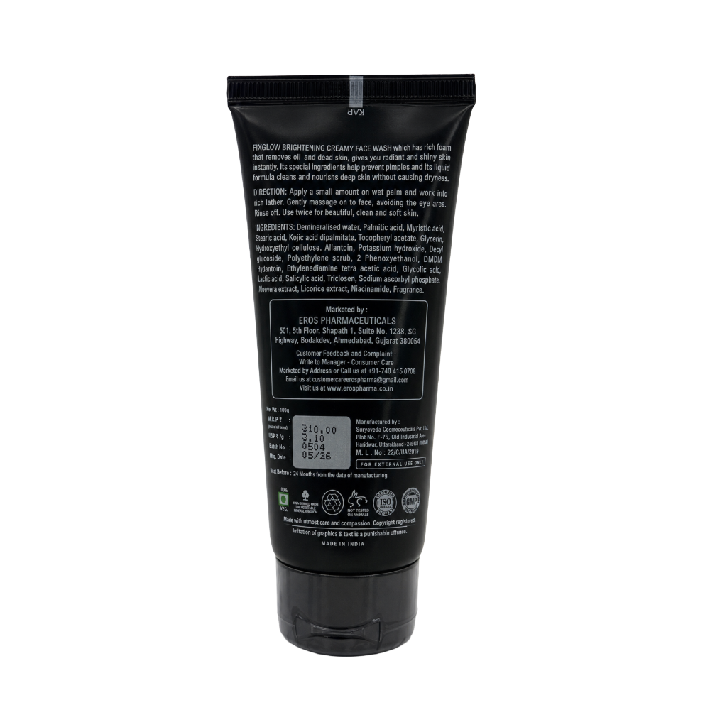 Fixglow Face Wash tube back with manufacturer and product details