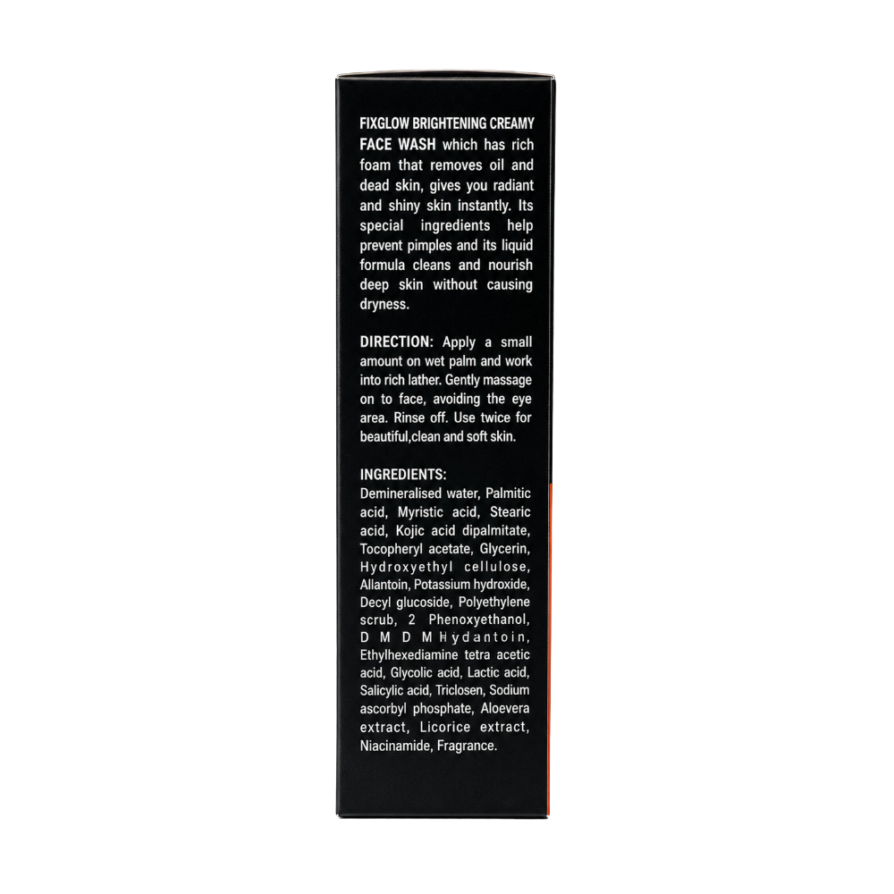 Fixglow Brightening Face Wash back packaging with ingredients and directions