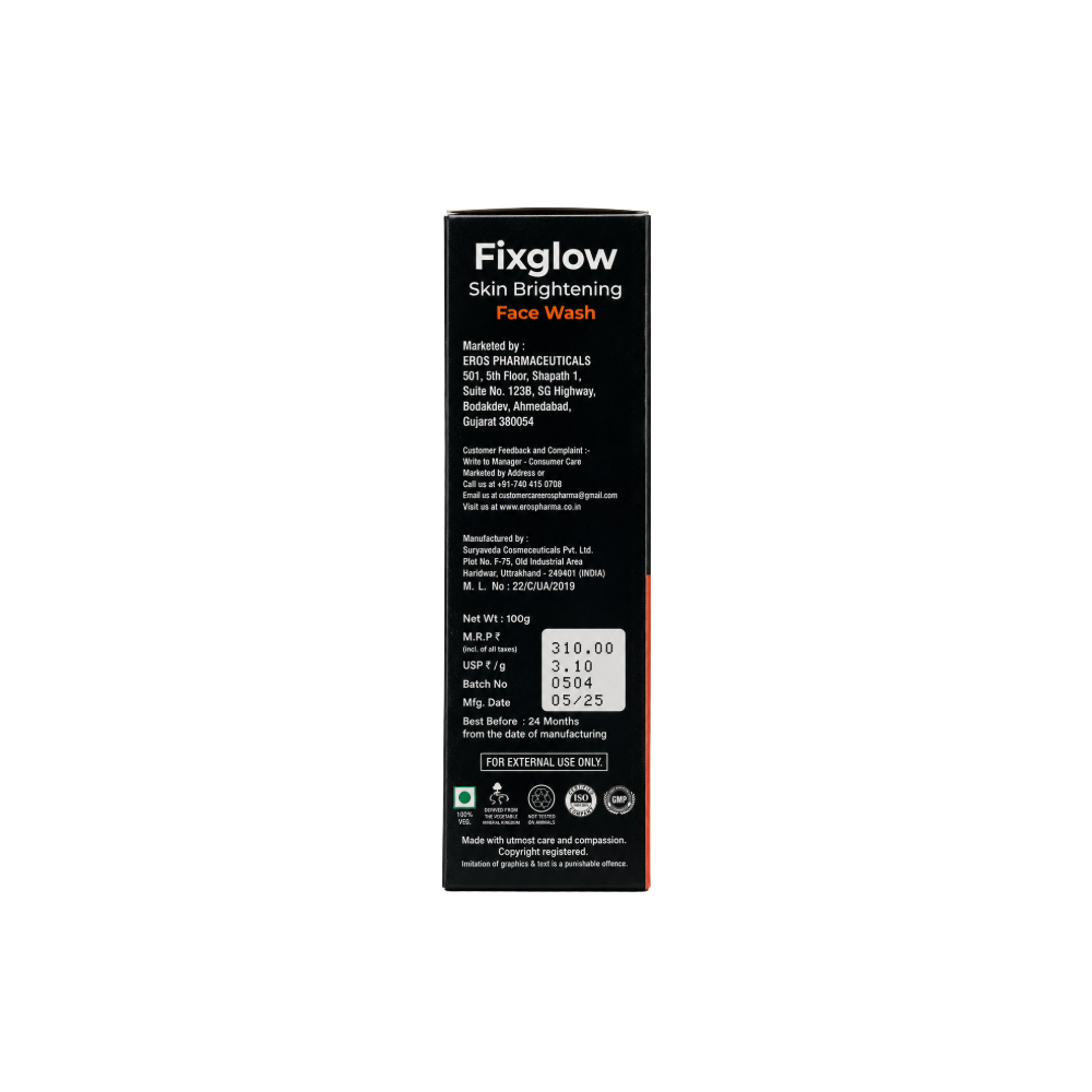 Fixglow Brightening Face Wash tube held in hand showing back label