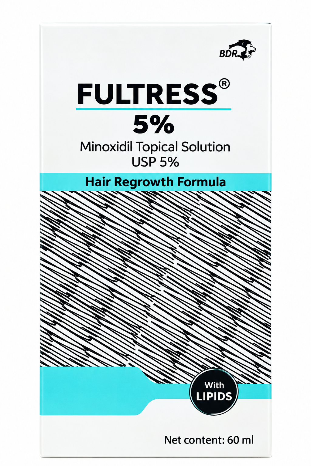 Front view of Fultress 5% Minoxidil Topical Solution with Lipids, 60 ml hair regrowth formula packaging.