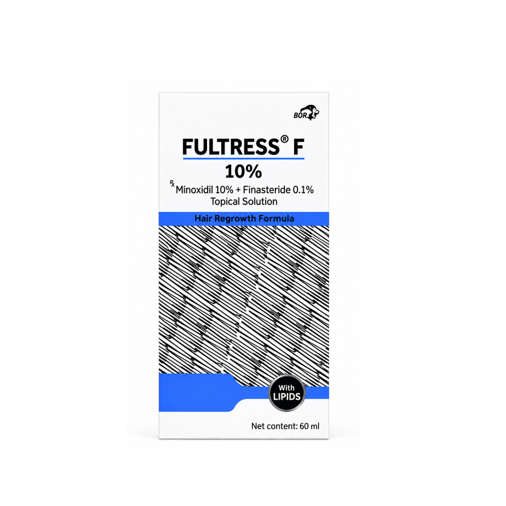 Front view of Fultress F 10% topical hair solution carton containing Minoxidil 10% and Finasteride 0.1%, 60 ml.