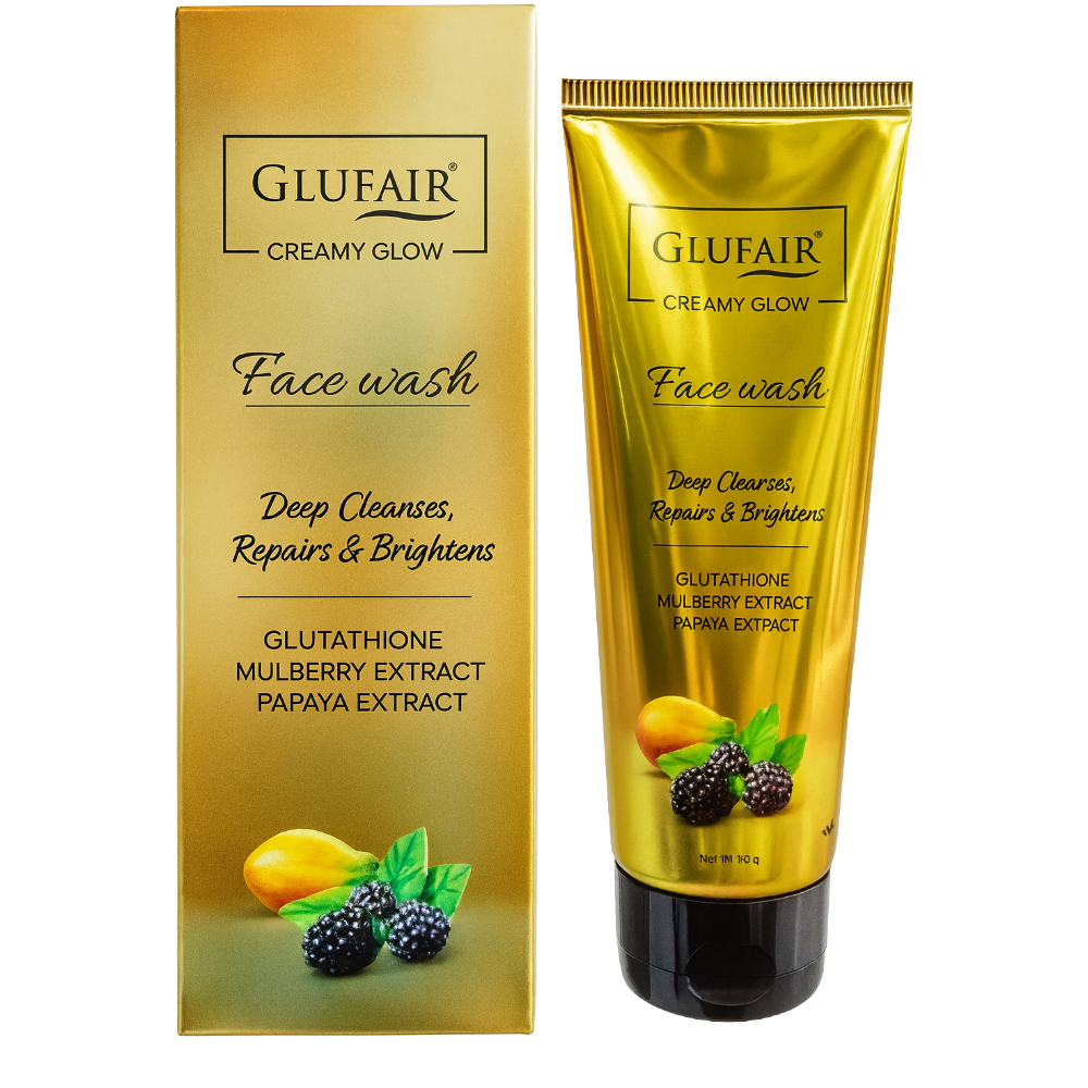 Glufair Creamy Glow Face Wash packaging with gold tube and box on a white background
