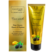 Glufair Creamy Glow Face Wash packaging with gold tube and box on a white background