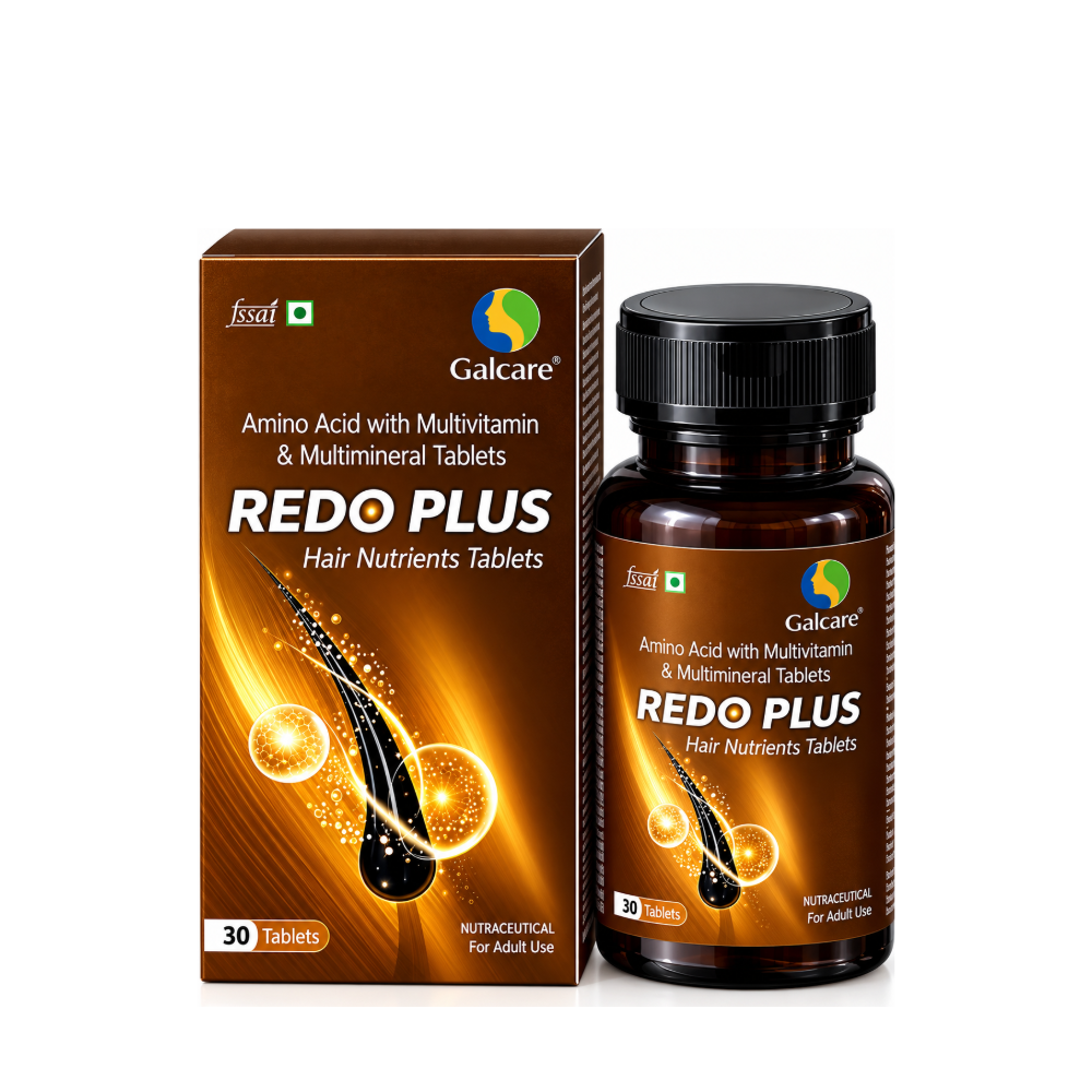 Galcare Redo Plus Hair Nutrients Tablets, 30-tablet pack, showing the brown product box and amber bottle with black cap on a white background.