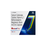 Alkem Gemcal Plus Calcium Carbonate and other mineral supplement capsules packaging box, featuring a white and dark blue design with a large rainbow-striped number 7.