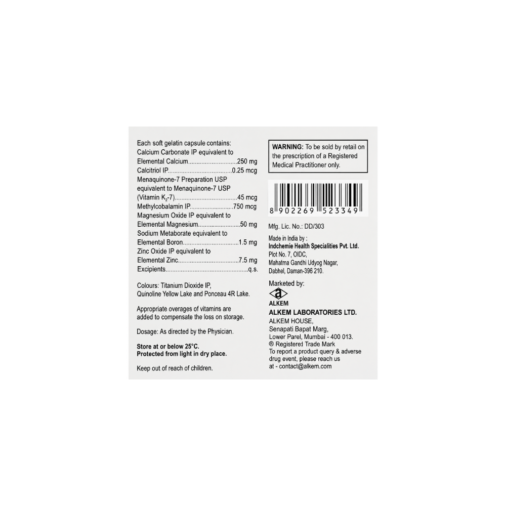 Gemcal Plus Capsule information side white rectangular product information label with black text, a barcode, and a warning box, photographed against a light gray background.