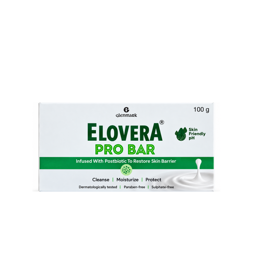 Front view of Glenmark Elovera Pro Bar 100 g skin cleansing bar packaging with postbiotic skin barrier care claims.