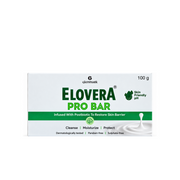 Front view of Glenmark Elovera Pro Bar 100 g skin cleansing bar packaging with postbiotic skin barrier care claims.