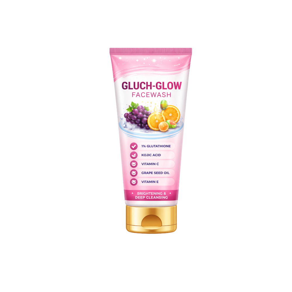 Gluch-Glow facewash tube with pink and gold design on a white background