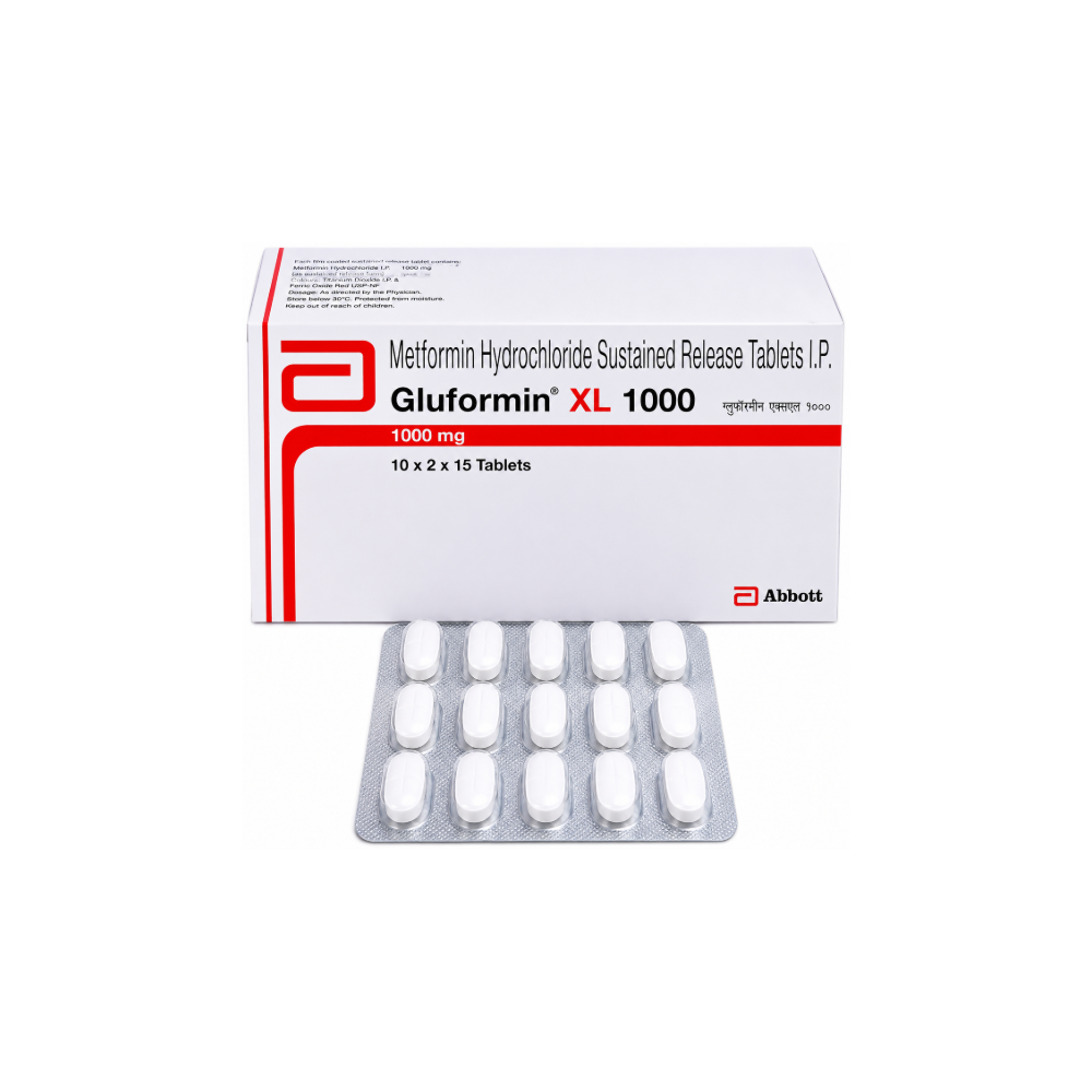 Box of Gluformin XL 1000 tablets with Abbott branding on a white background