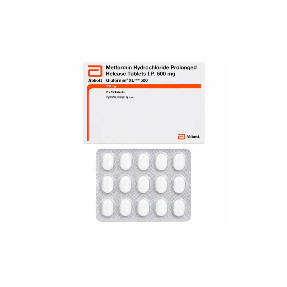 Packaging of Metformin Hydrochloride prolonged release tablets with Abbott branding on a white background.Gluformin XL 500 Tablet 
