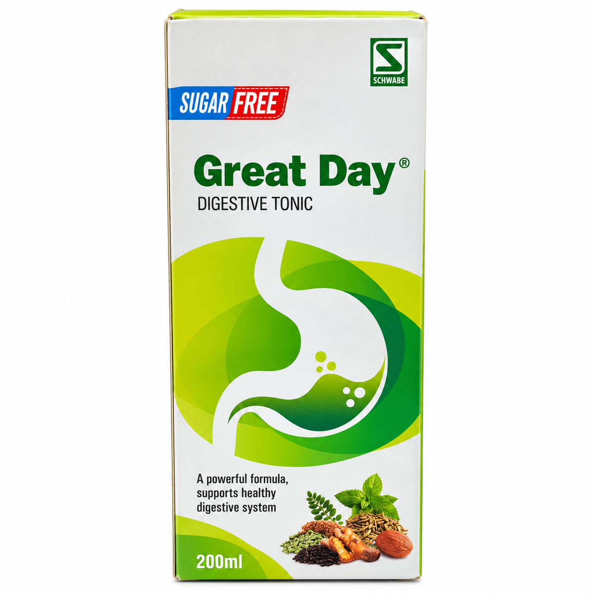 Great Day Sugar Free Digestive Tonic 200ml by Dr Willmar Schwabe India front packaging