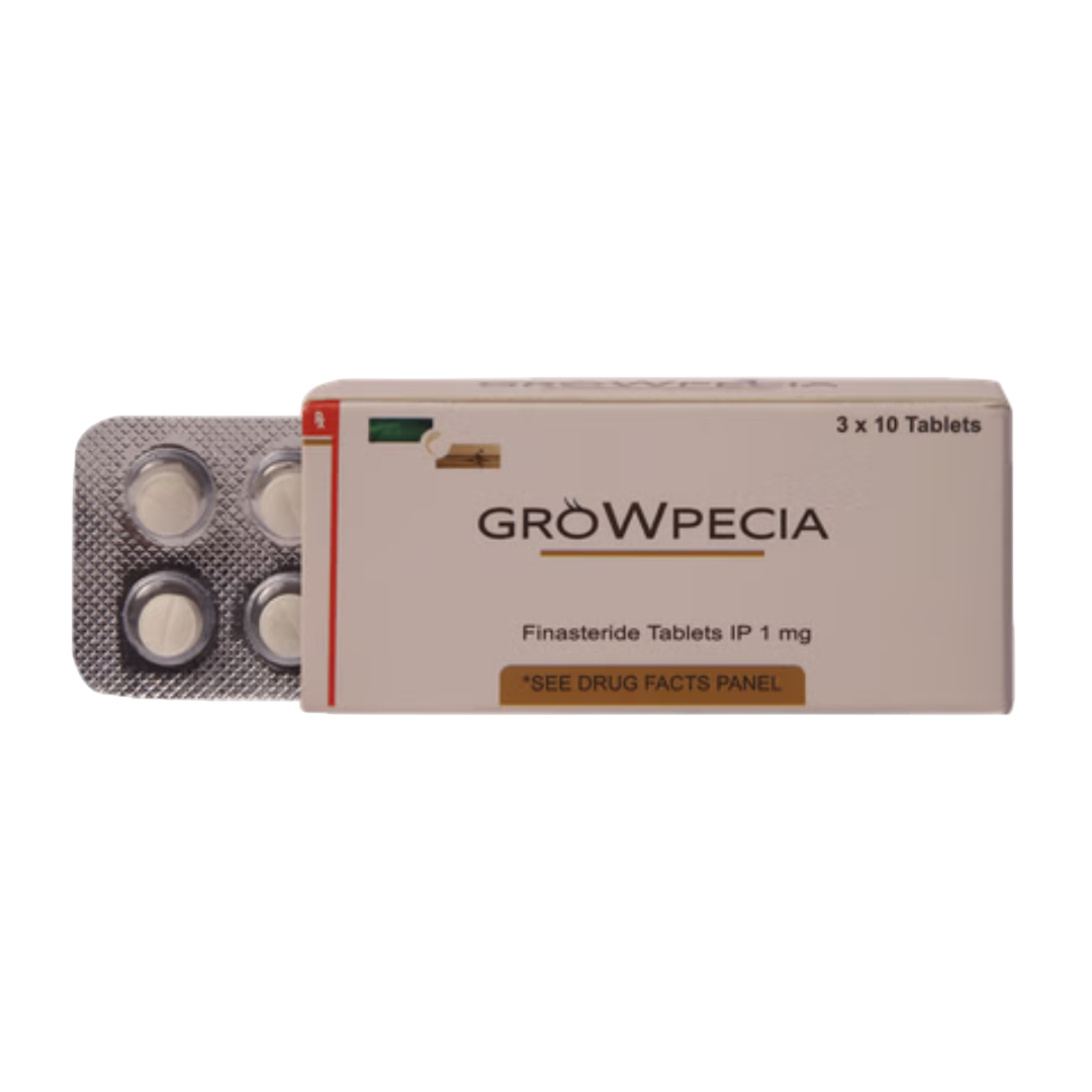 Growpecia finasteride tablets packaging on a white background