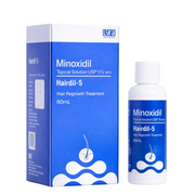 Minoxidil Topical Solution USP 5% w/v Hair Regrowth Treatment packaging and bottle on a white background