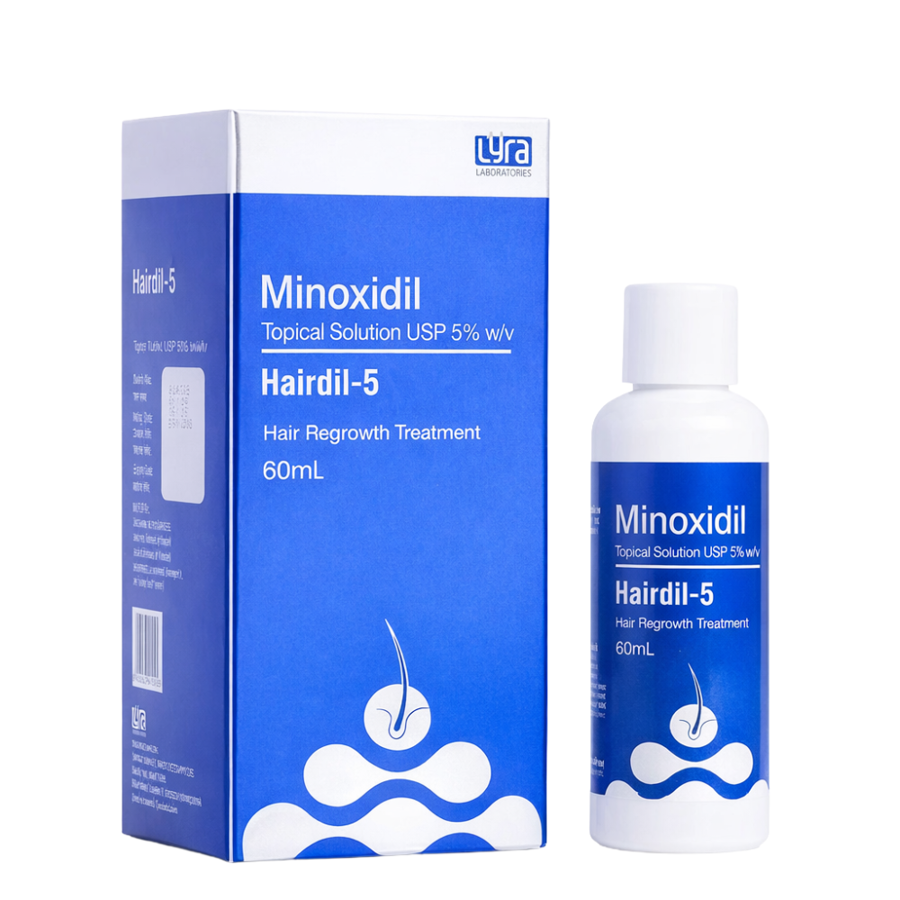 Minoxidil Topical Solution USP 5% w/v Hair Regrowth Treatment packaging and bottle on a white background