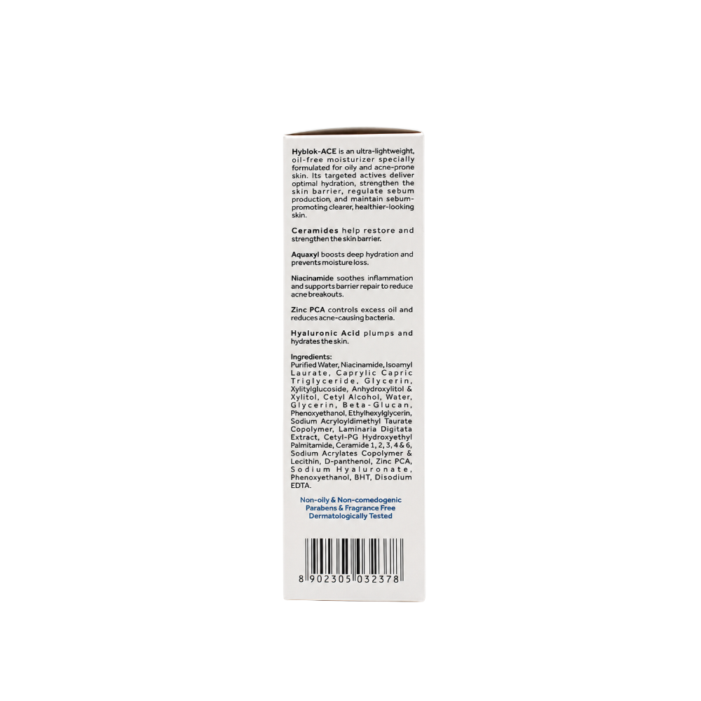 Hyblok-ACE Gel-Cream back packaging showing ingredients and product information
