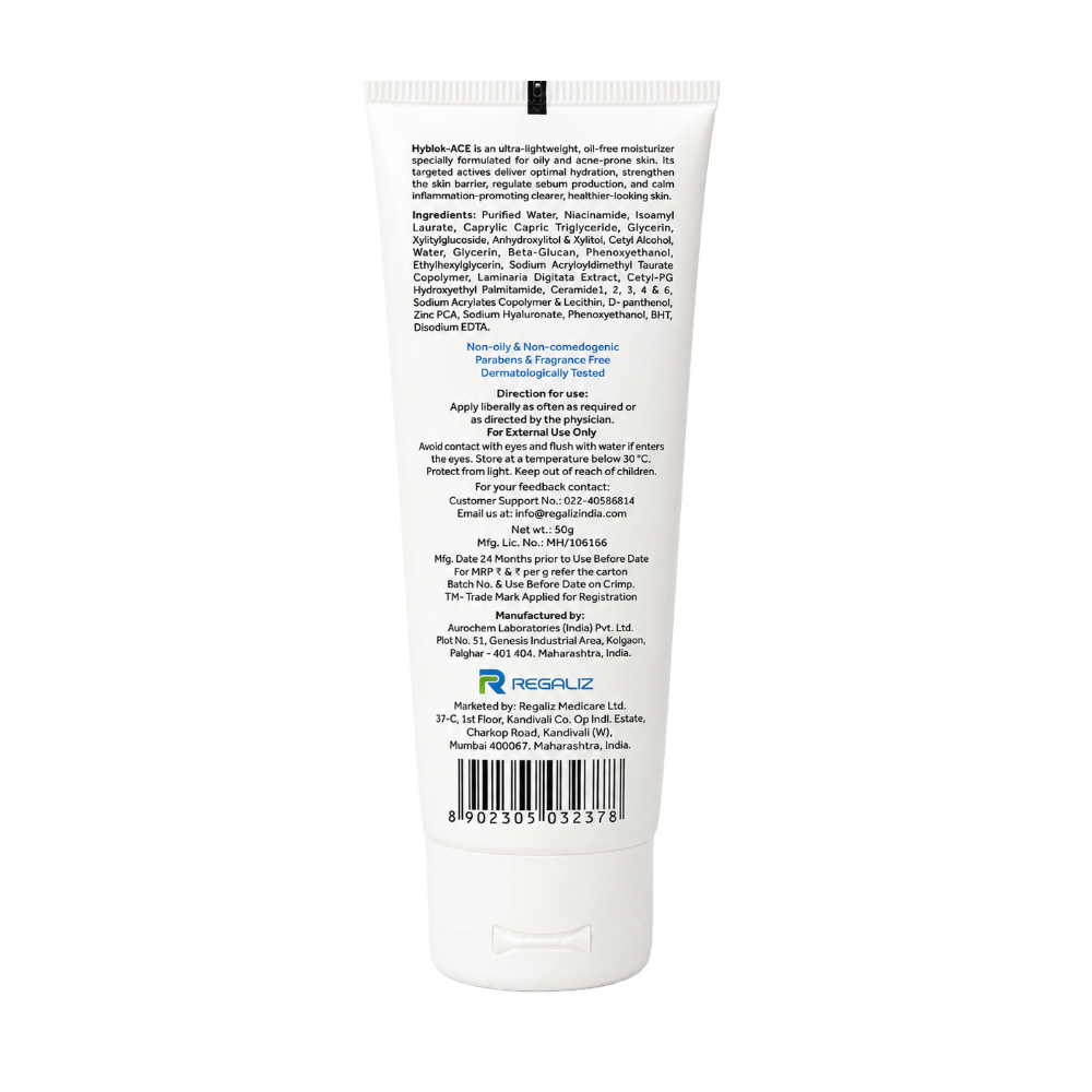 Hyblok-ACE Gel-Cream tube back label showing ingredients and product information