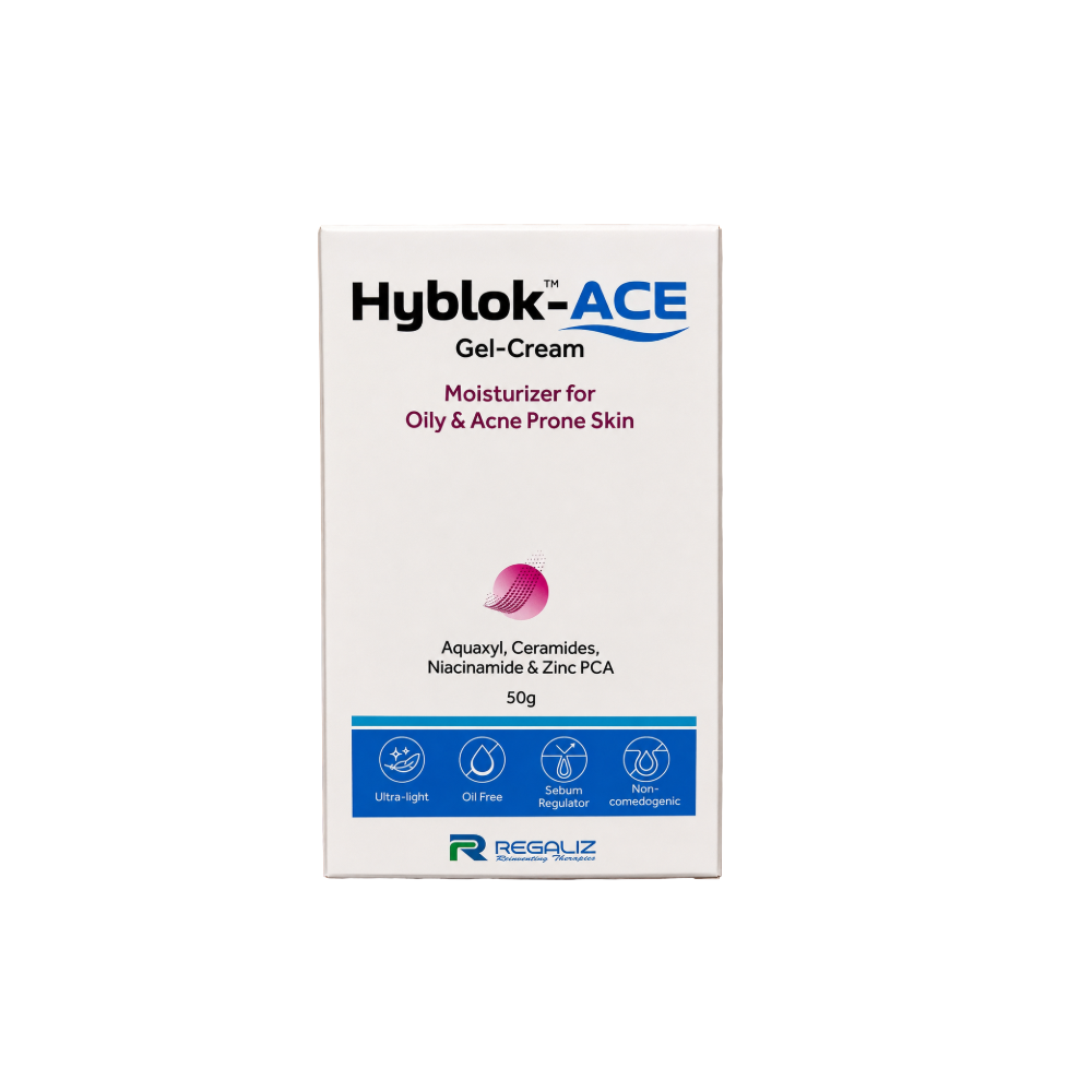 A 50g box of Hyblok-ACE Moisturizer for Oily & Acne Prone Skin by Regaluz, featuring a white box with blue and pink text and graphics.