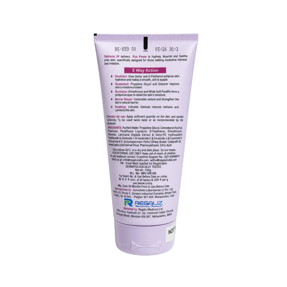 Hydronic XP Moisturizing Cream back view showing ingredients, directions for use, five-way action and manufacturer details.