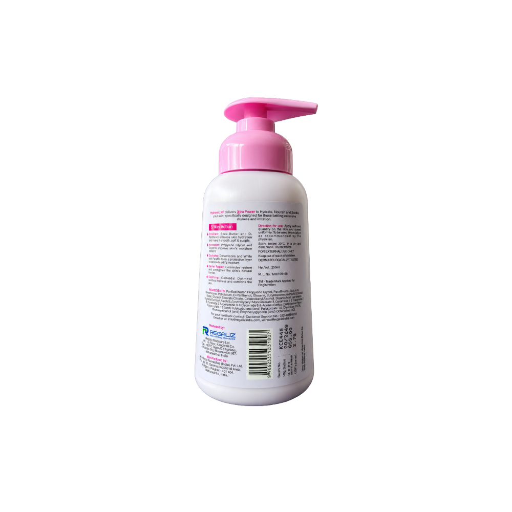 Hydronic XP Moisturizing Lotion 250ml back view with Ceramides & Oatmeal by Regaliz, showing ingredients, directions for use, barcode, and product information for dry and very dry skin.