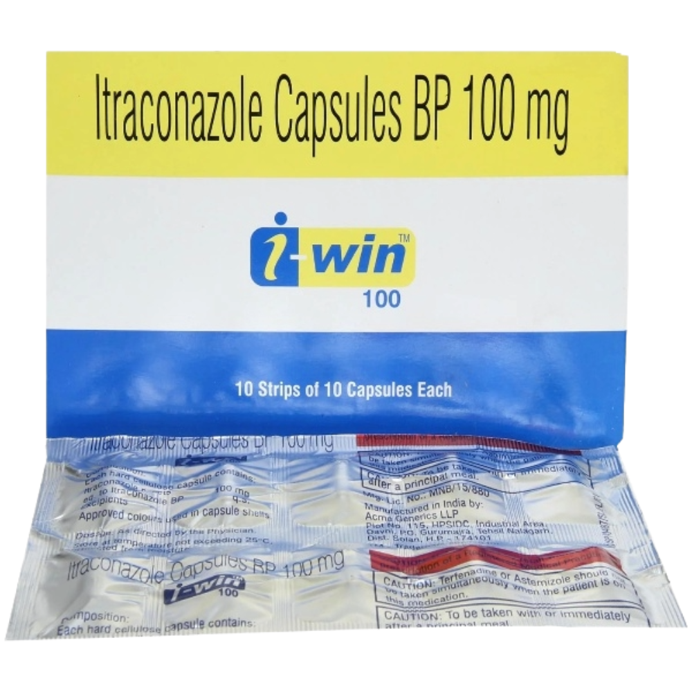 Packaging of Itraconazole Capsules BP 100 mg with Iwin branding on a white background