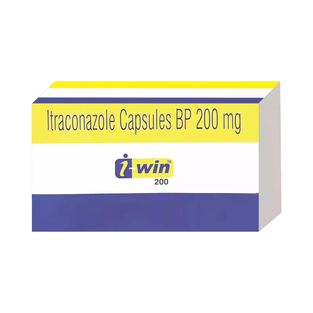 Box of Itraconazole Capsules BP 200 mg with Win logo on a white background