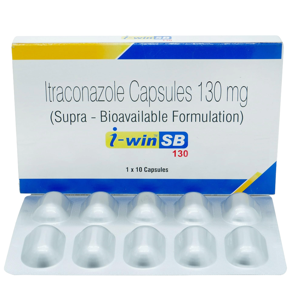 Box of Itraconazole Capsules 130 mg with visible capsules inside