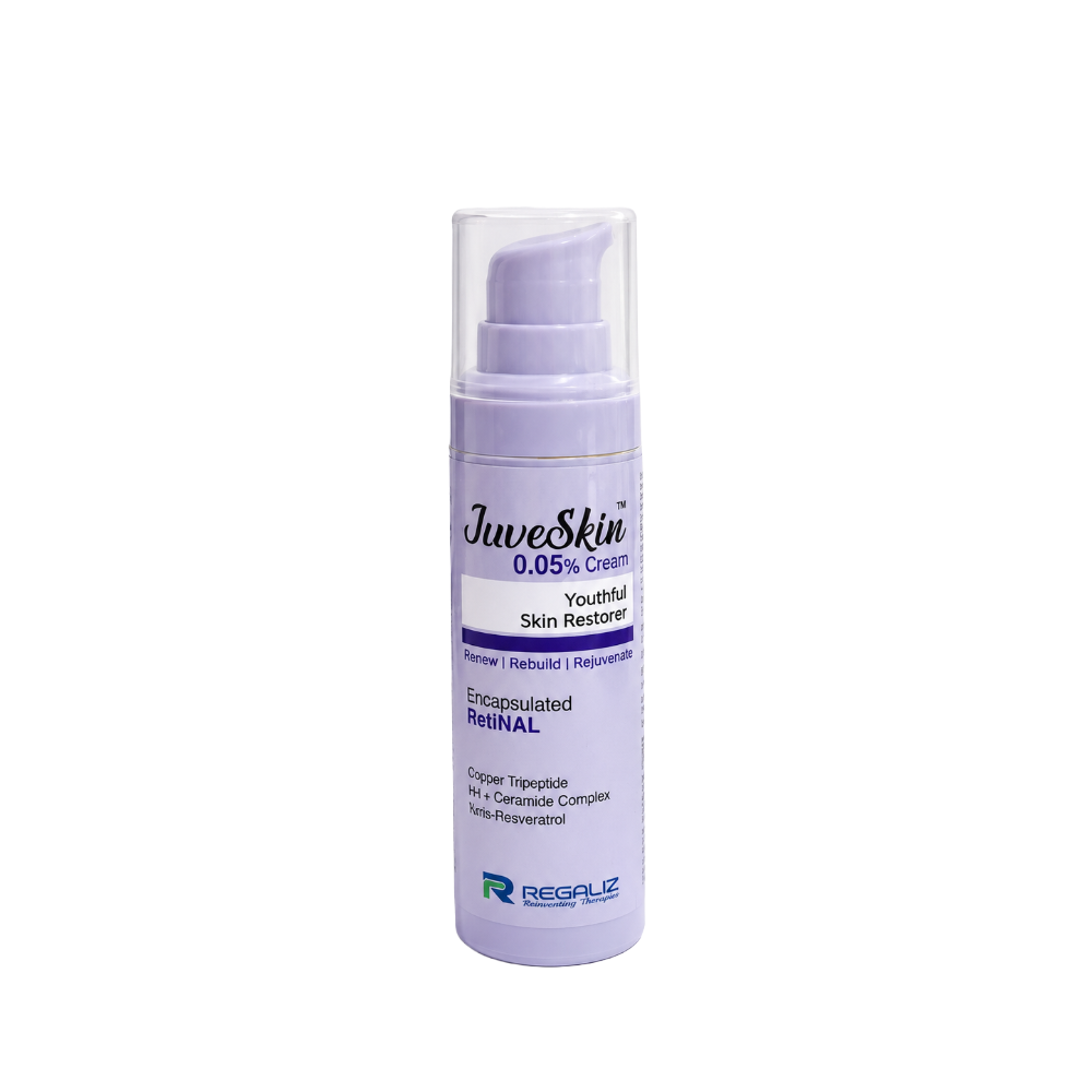 JuveSkin 0.05% Cream 30g front view with Encapsulated Retinal, Copper Tripeptide, HA + Ceramide Complex and Trans-Resveratrol by Regaliz.