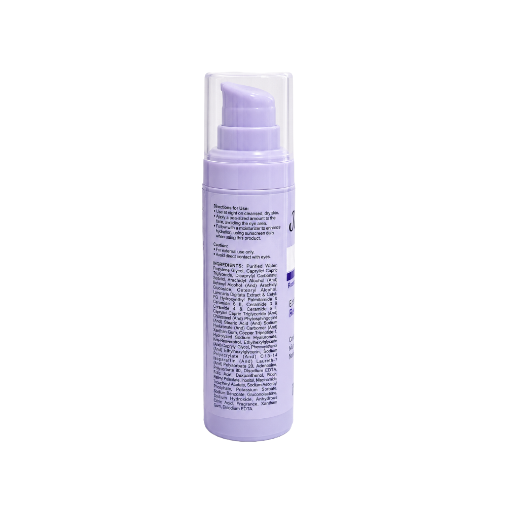 JuveSkin 0.05% Cream side view displaying directions for use, cautions and complete ingredient list on the airless pump bottle.